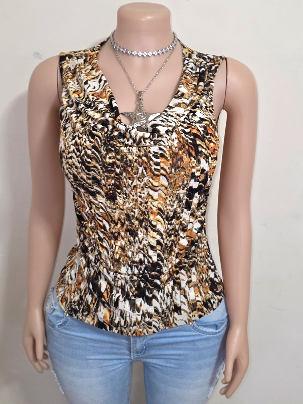 Cable & Gauge Animal-Print Sleeveless Tank Top in Brown/Black/White